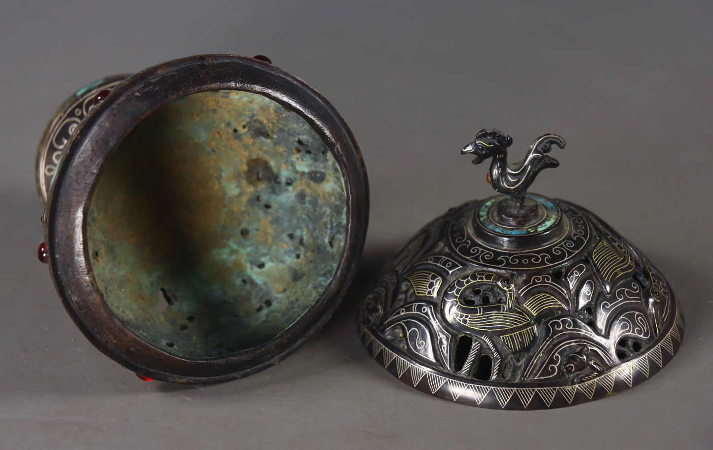 A0208 Vintage Chinese Gilt Gold-plated Silver Bronze Inlay Turquoise & Ruby Incense Burner