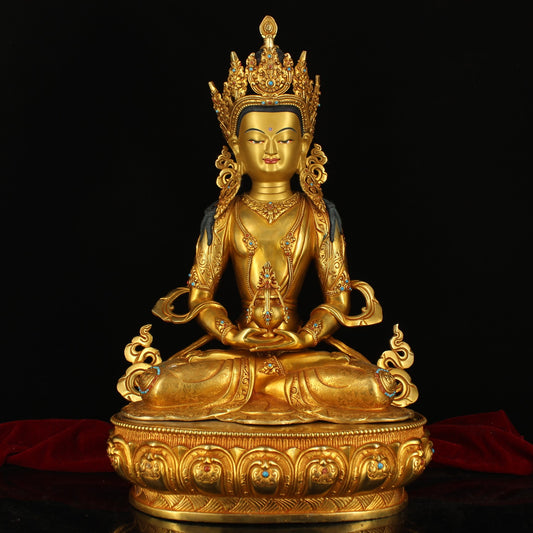 A0210 Superb Old Tibetan Buddhism Gilt Gold Copper Inlay Gem Amitayus Statue