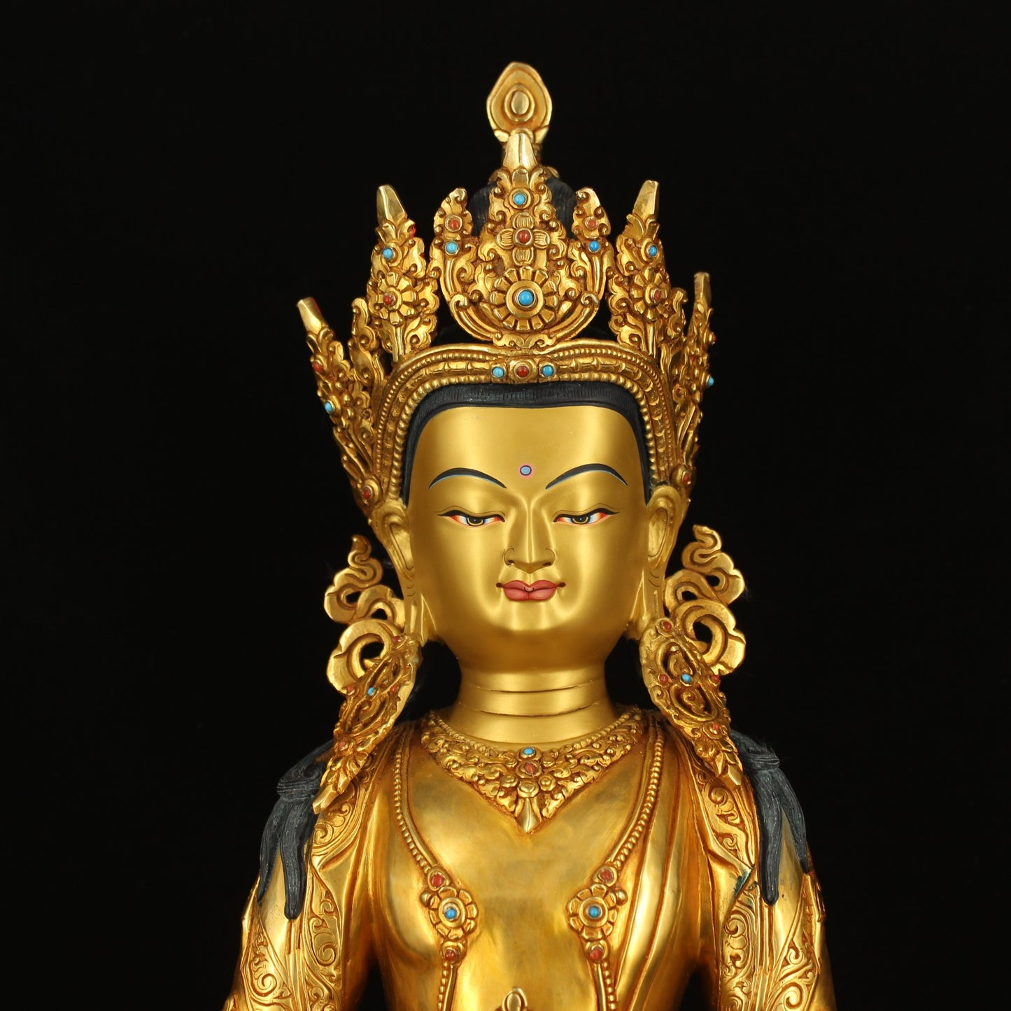 A0210 Superb Old Tibetan Buddhism Gilt Gold Copper Inlay Gem Amitayus Statue