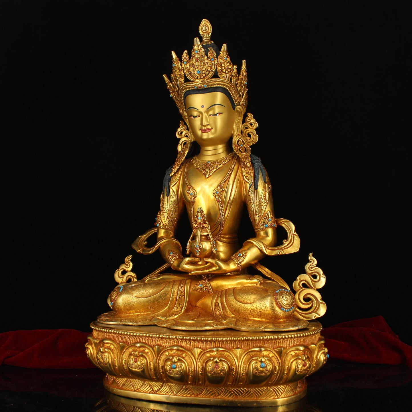 A0210 Superb Old Tibetan Buddhism Gilt Gold Copper Inlay Gem Amitayus Statue