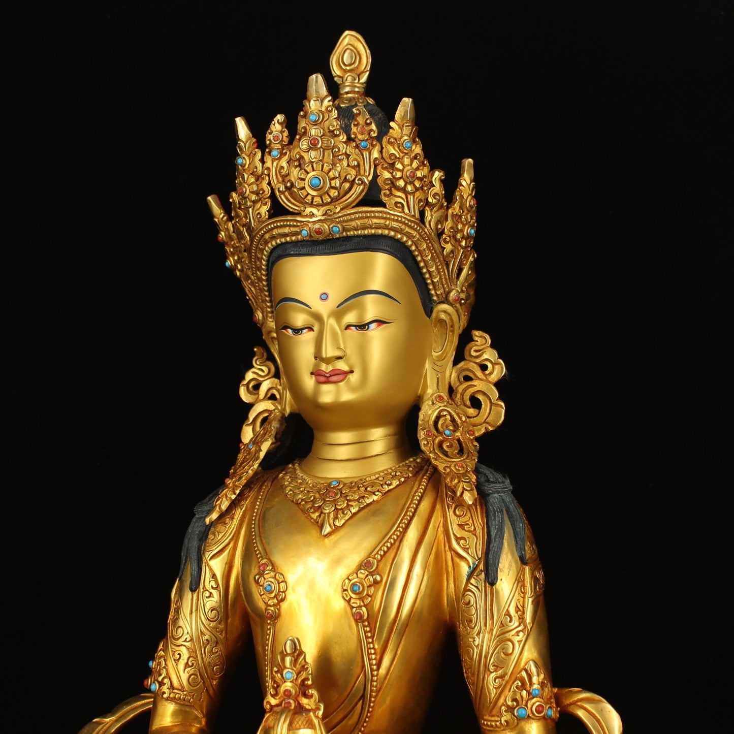 A0210 Superb Old Tibetan Buddhism Gilt Gold Copper Inlay Gem Amitayus Statue