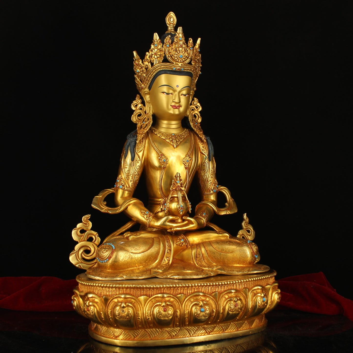 A0210 Superb Old Tibetan Buddhism Gilt Gold Copper Inlay Gem Amitayus Statue