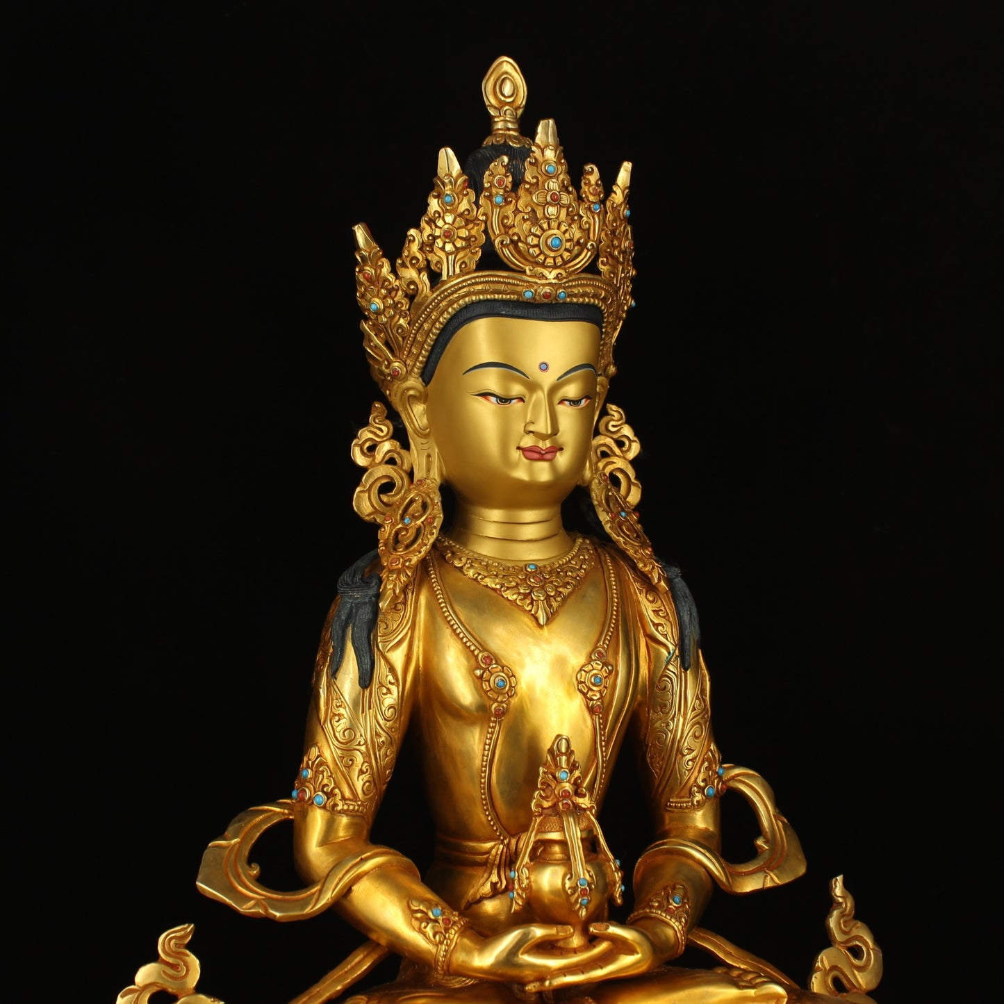 A0210 Superb Old Tibetan Buddhism Gilt Gold Copper Inlay Gem Amitayus Statue