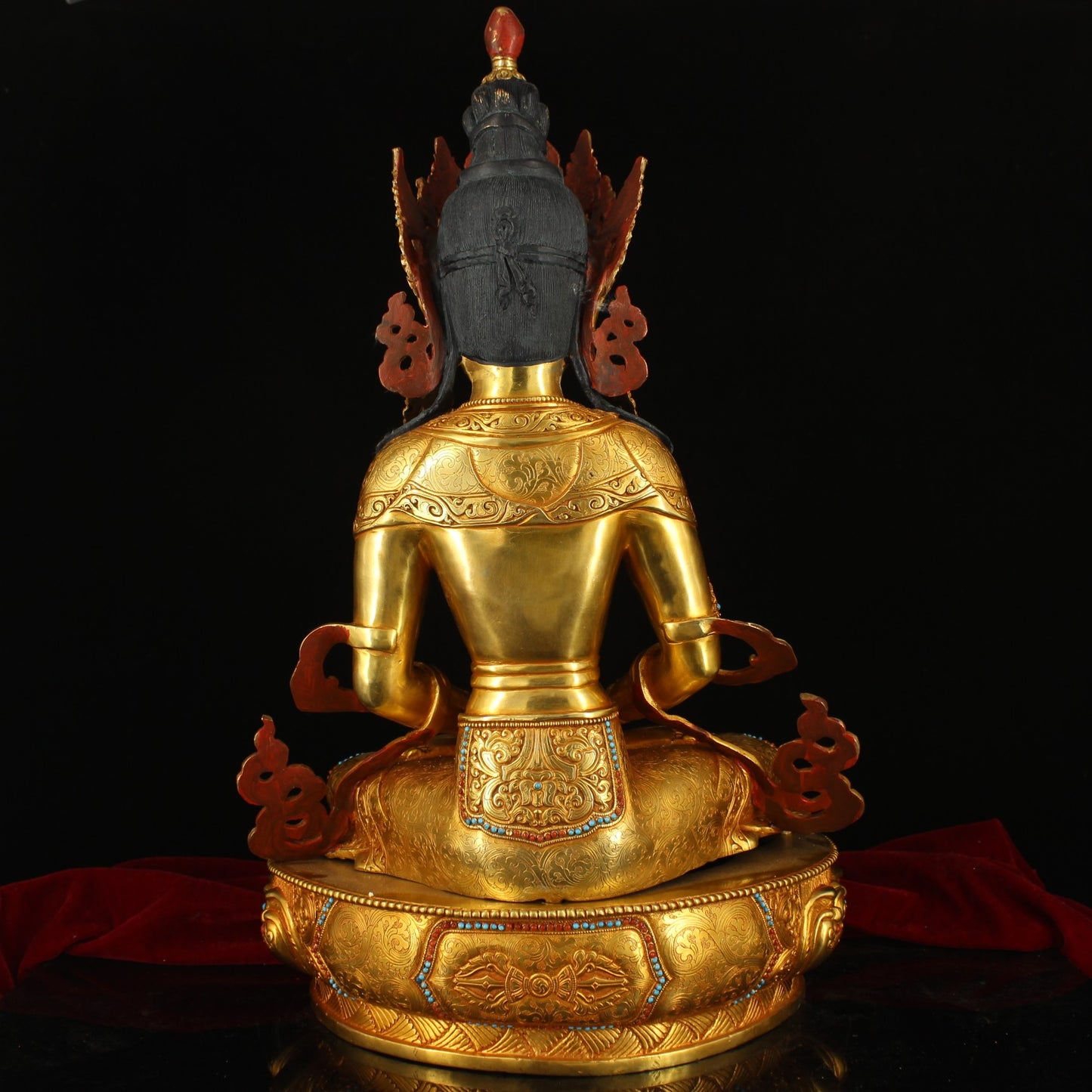 A0210 Superb Old Tibetan Buddhism Gilt Gold Copper Inlay Gem Amitayus Statue