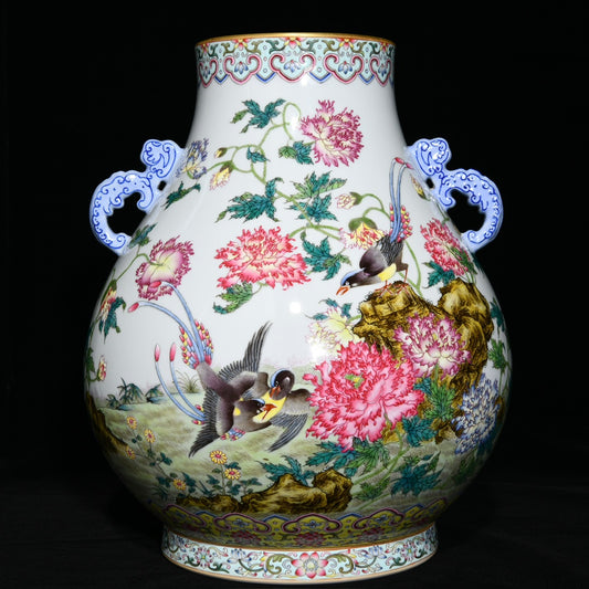 A0211 Chinese Gilt Edge Famille Rose Flower Bird Design Double Ears Porcelain Vase