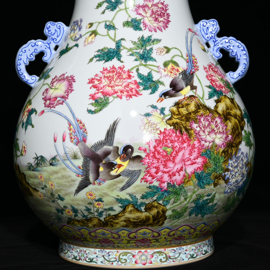 A0211 Chinese Gilt Edge Famille Rose Flower Bird Design Double Ears Porcelain Vase