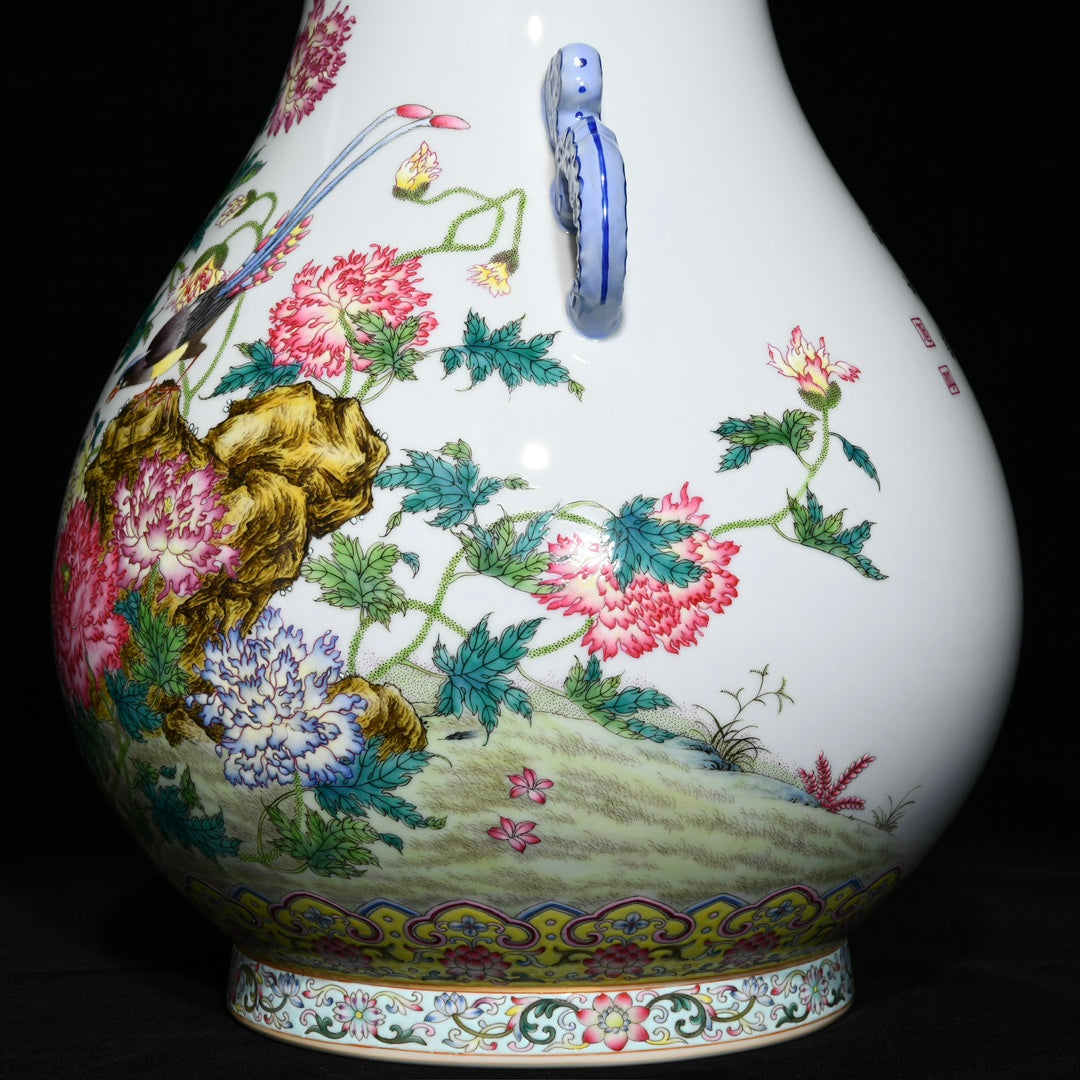 A0211 Chinese Gilt Edge Famille Rose Flower Bird Design Double Ears Porcelain Vase