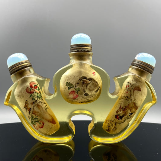 A0213 Old Chinese Yellow Peking Glass Inside Painting Rabbit Design Conjoined Snuff Bottle