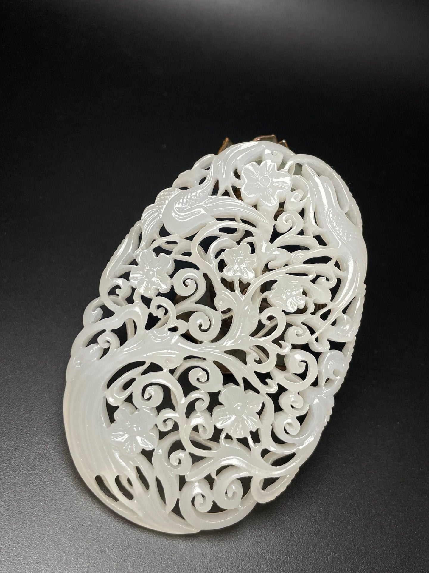 A0214 Openwork Chinese White Hetian Jade Plum Flower & Magpie Pendant