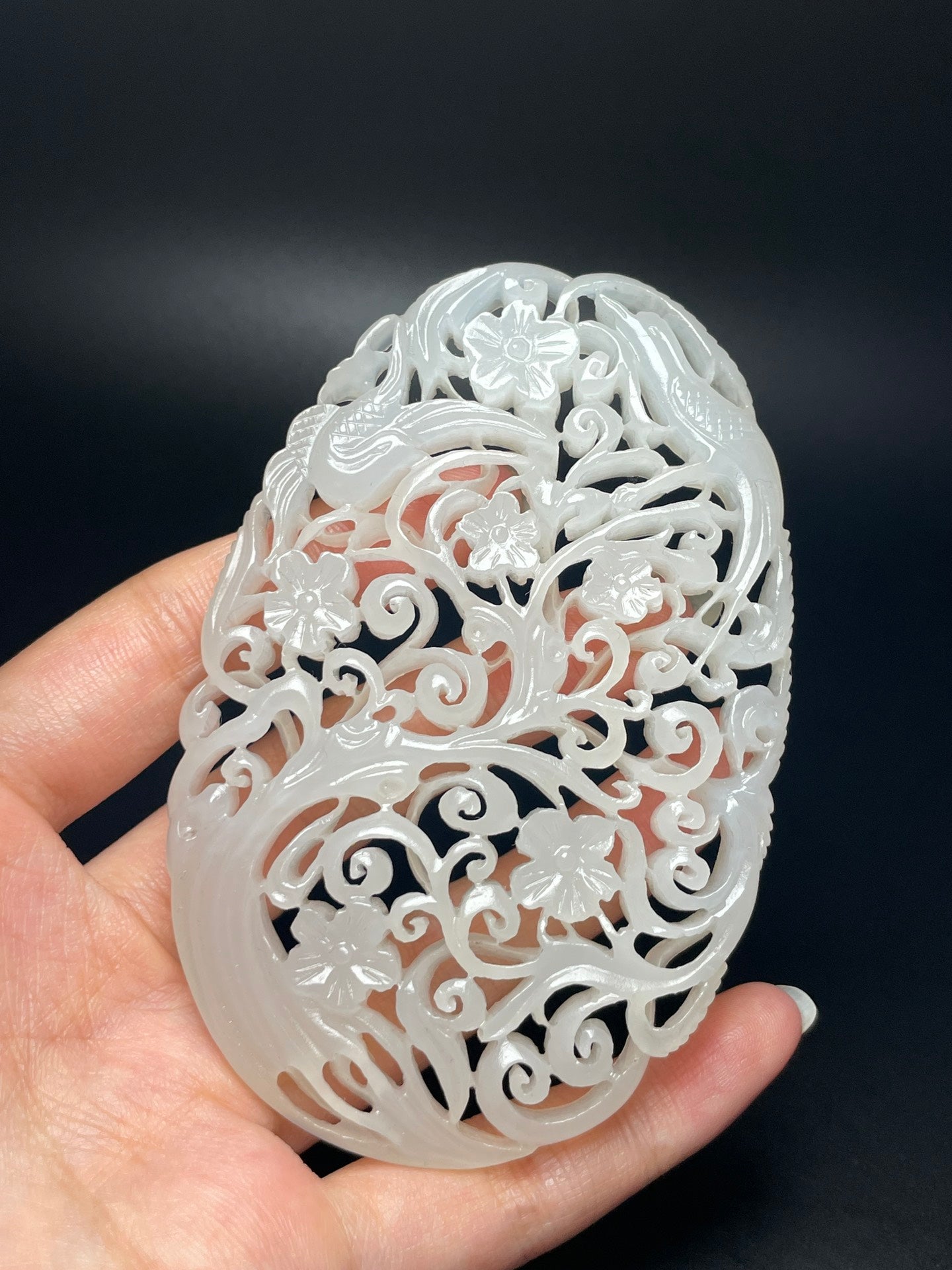 A0214 Openwork Chinese White Hetian Jade Plum Flower & Magpie Pendant