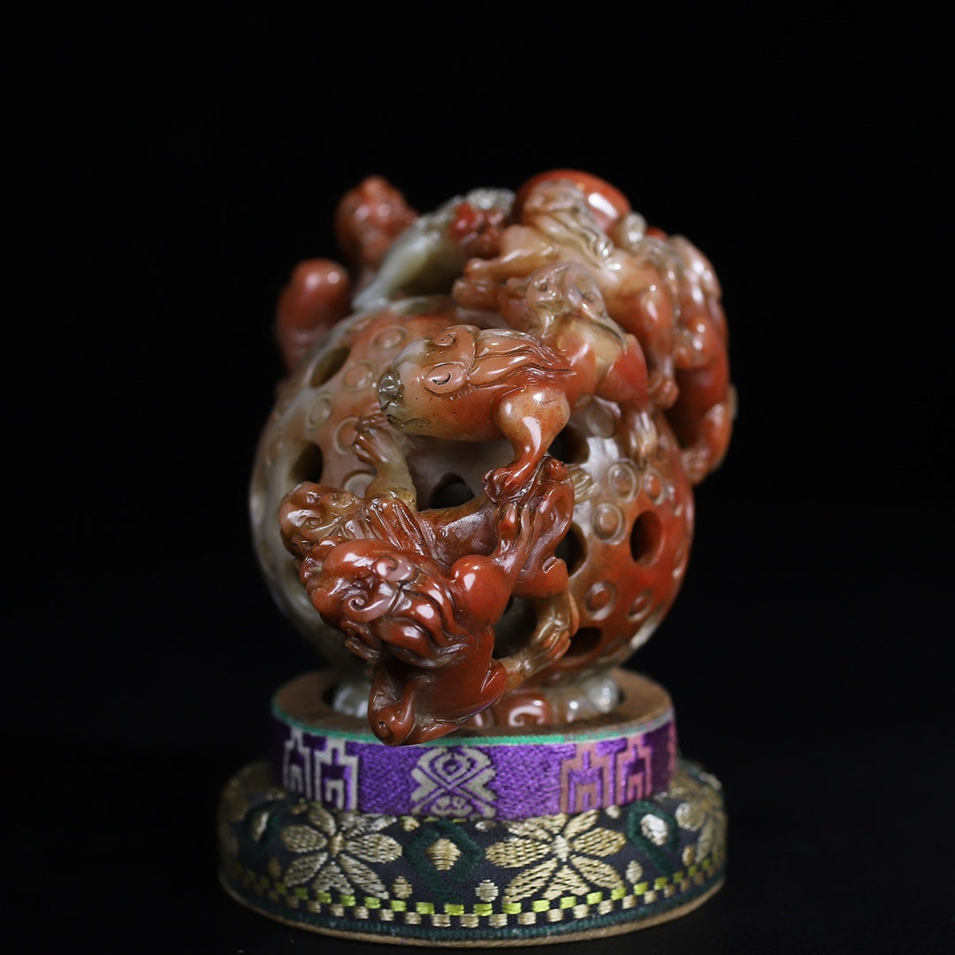 A0216 Openwork Vintage Chinese Shoushan Stone Carved Beast & Ball Statue w Box