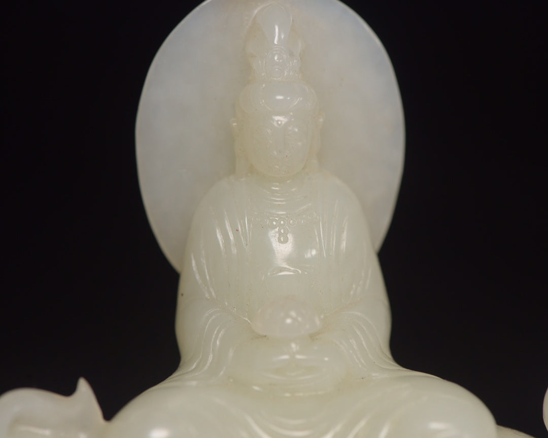 A0218 Superb Old Chinese Hetian Jade Carved Manjushri Bodhisattva Statue w Box