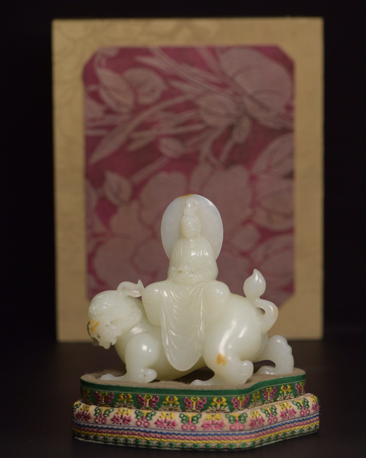 A0218 Superb Old Chinese Hetian Jade Carved Manjushri Bodhisattva Statue w Box