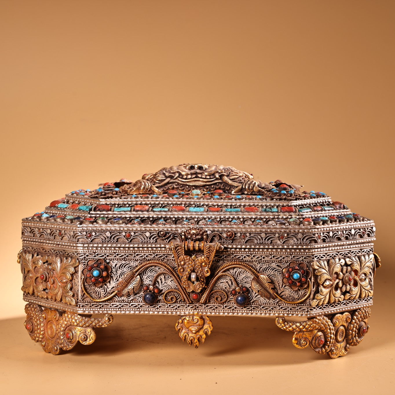 A0219 Tibetan Gilt Gold Pure Silver Inlay Turquoise & Lapis Lazuli,Red Coral Beast Head Design Jewellery Box