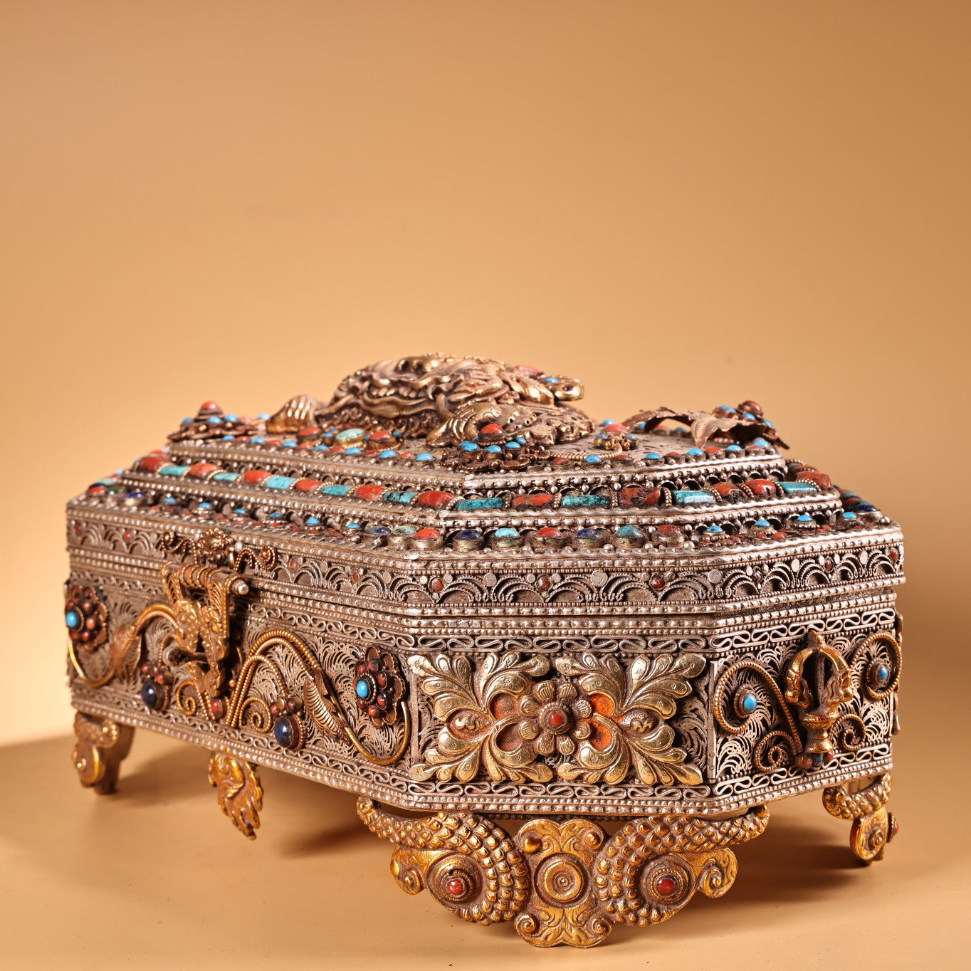 A0219 Tibetan Gilt Gold Pure Silver Inlay Turquoise & Lapis Lazuli,Red Coral Beast Head Design Jewellery Box