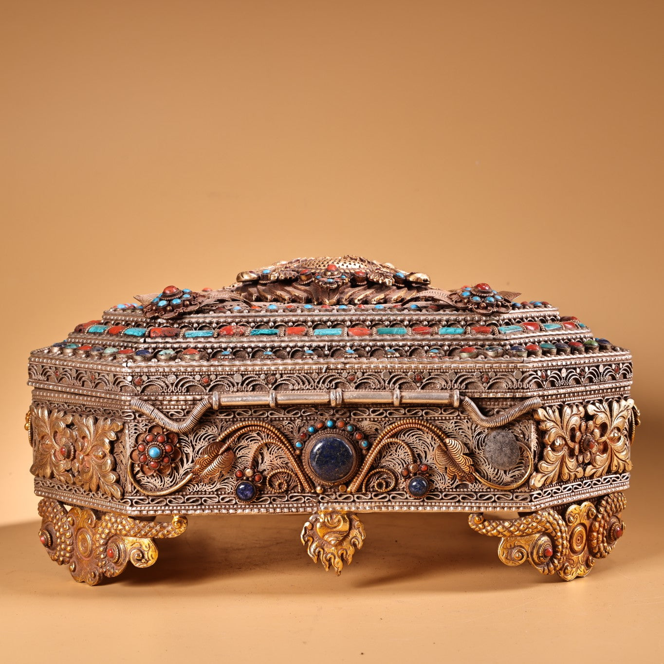 A0219 Tibetan Gilt Gold Pure Silver Inlay Turquoise & Lapis Lazuli,Red Coral Beast Head Design Jewellery Box