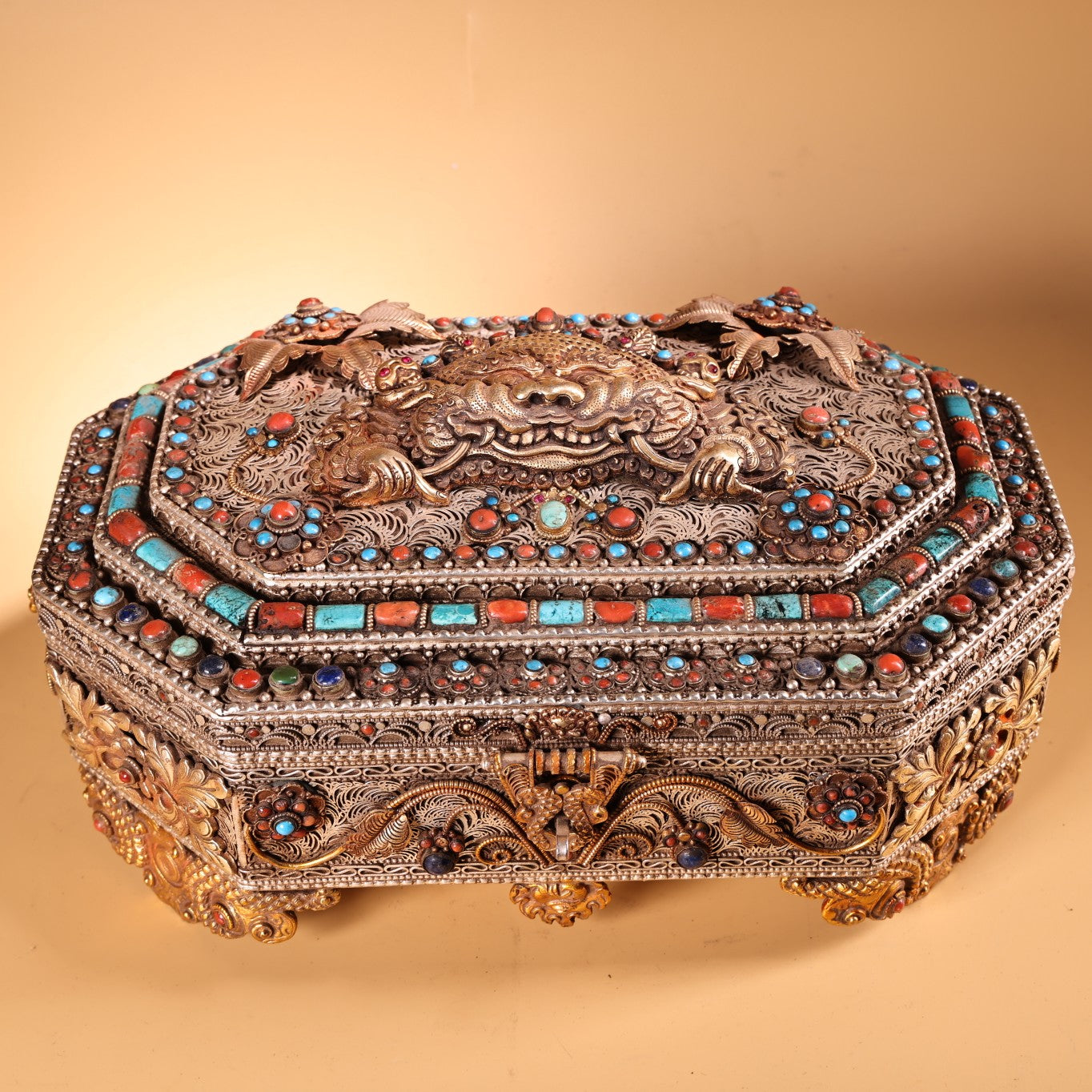 A0219 Tibetan Gilt Gold Pure Silver Inlay Turquoise & Lapis Lazuli,Red Coral Beast Head Design Jewellery Box