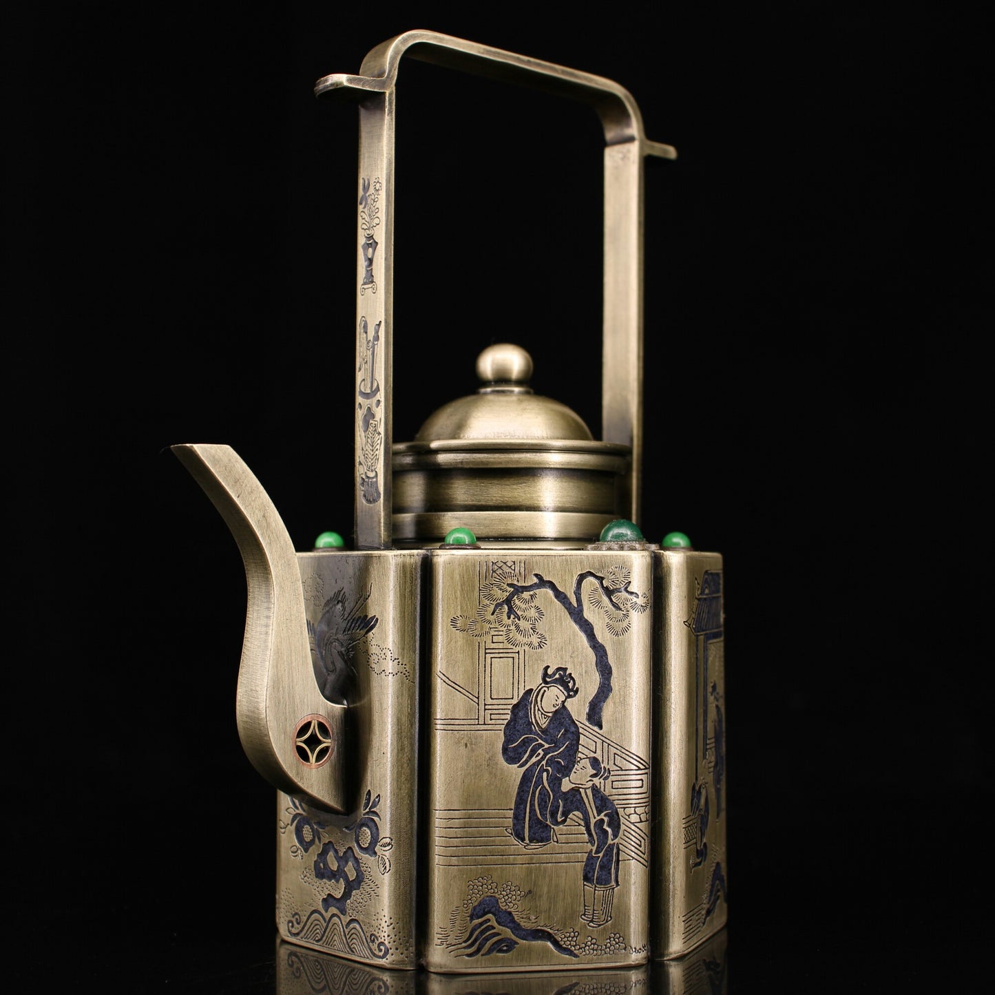 A0223 Vintage Chinese White Copper Inlay Green Jade Figure Design Handle Teapot