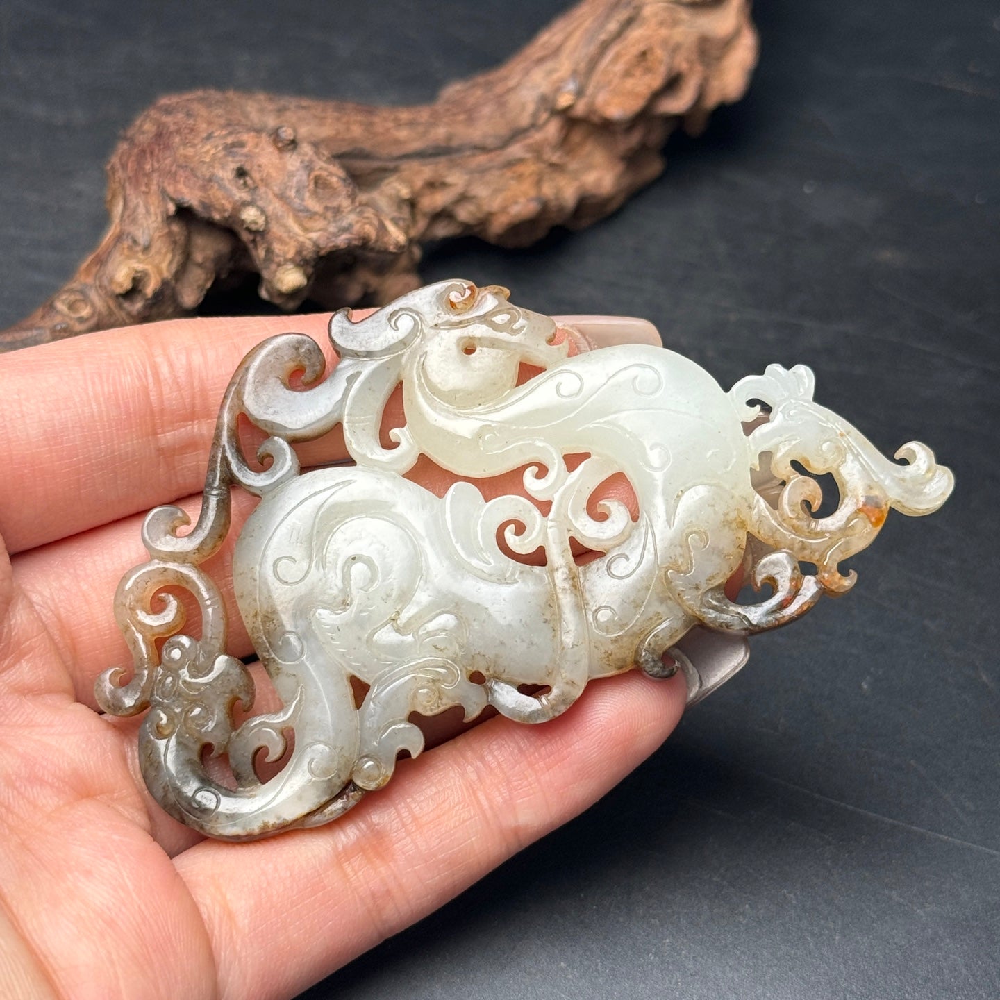 A0227 Vintage Openwork Chinese Hetian Jade Carved Dragon Phoenix Pendant