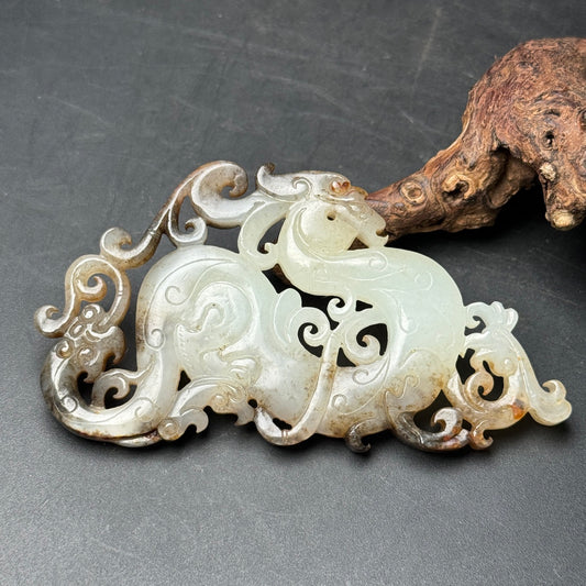 A0227 Vintage Openwork Chinese Hetian Jade Carved Dragon Phoenix Pendant