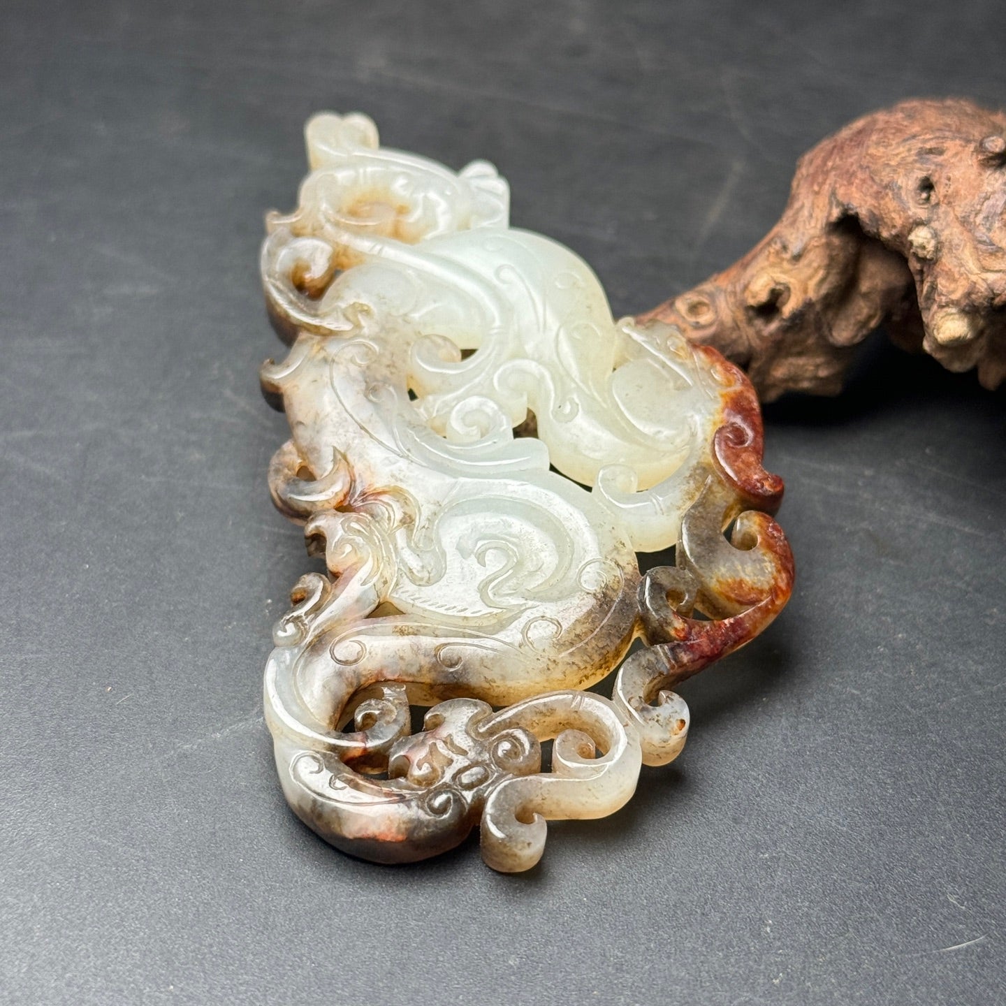 A0227 Vintage Openwork Chinese Hetian Jade Carved Dragon Phoenix Pendant