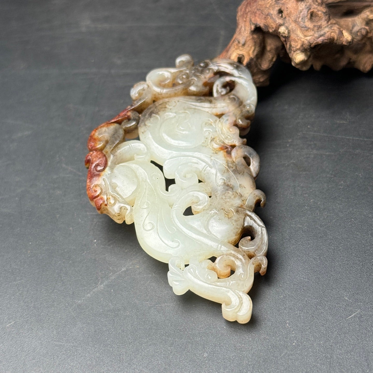 A0227 Vintage Openwork Chinese Hetian Jade Carved Dragon Phoenix Pendant