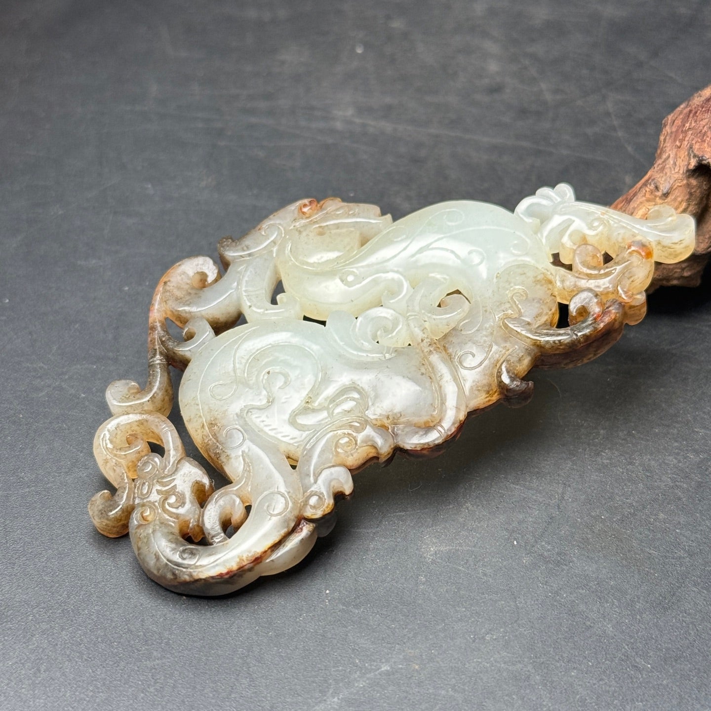 A0227 Vintage Openwork Chinese Hetian Jade Carved Dragon Phoenix Pendant