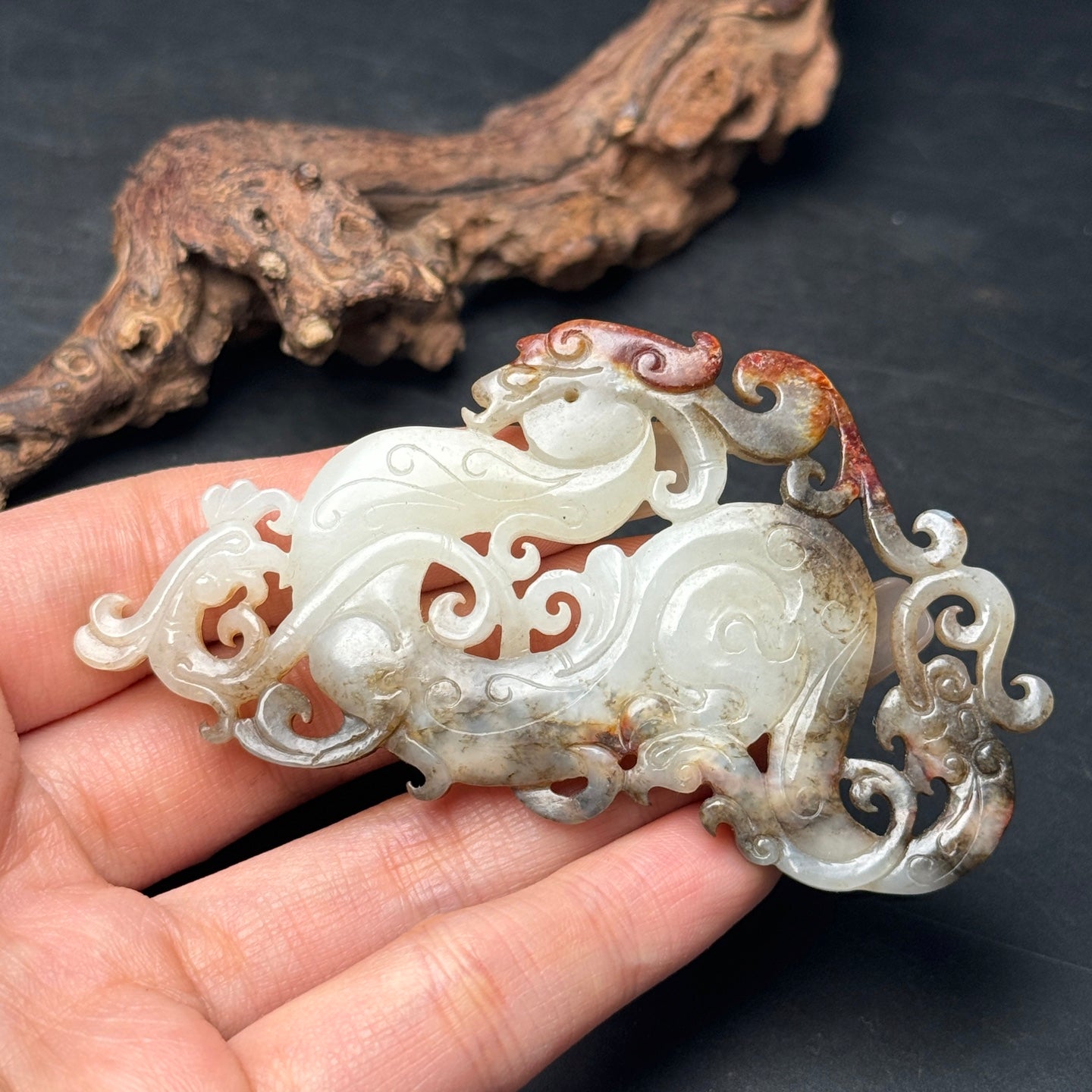 A0227 Vintage Openwork Chinese Hetian Jade Carved Dragon Phoenix Pendant