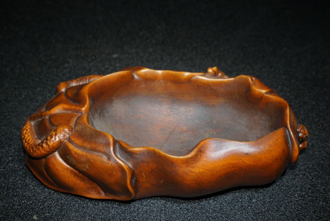 A0229 Old Chinese Boxwood Wood Carved Lotus Leaf Brush Washer