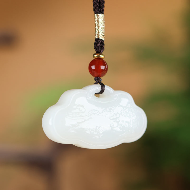 A0232 Chinese Natural White Hetian Jade Carved Mountain River Scene Pendant