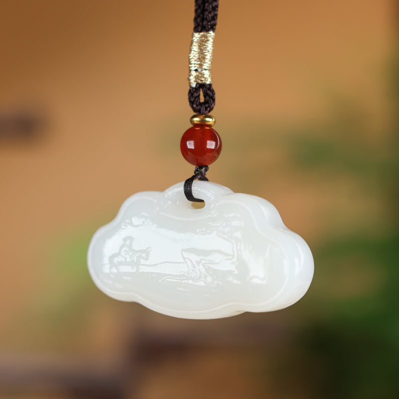 A0232 Chinese Natural White Hetian Jade Carved Mountain River Scene Pendant