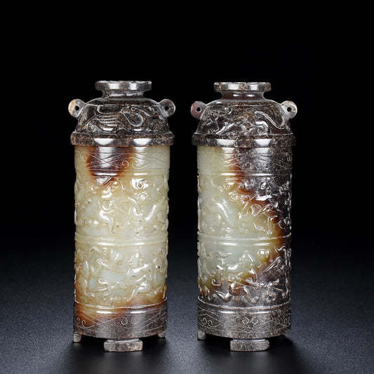 A0234 A Pair Vintage Chinese Hetian Jade Low Relief Figure & Beast Design Incense Tube