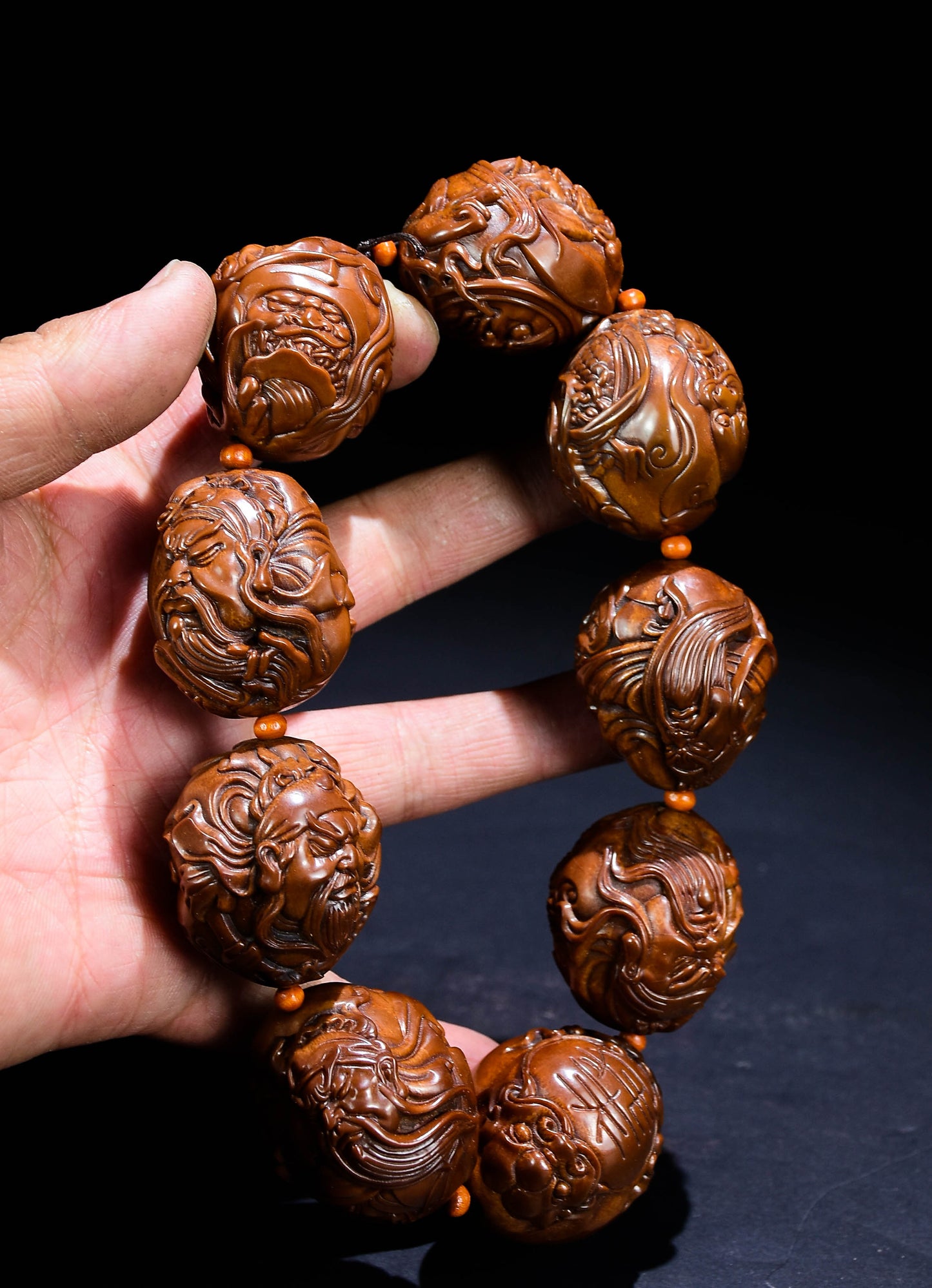 A0236 Old Chinese Olive Nut Carved Guangong Beads Bracelet