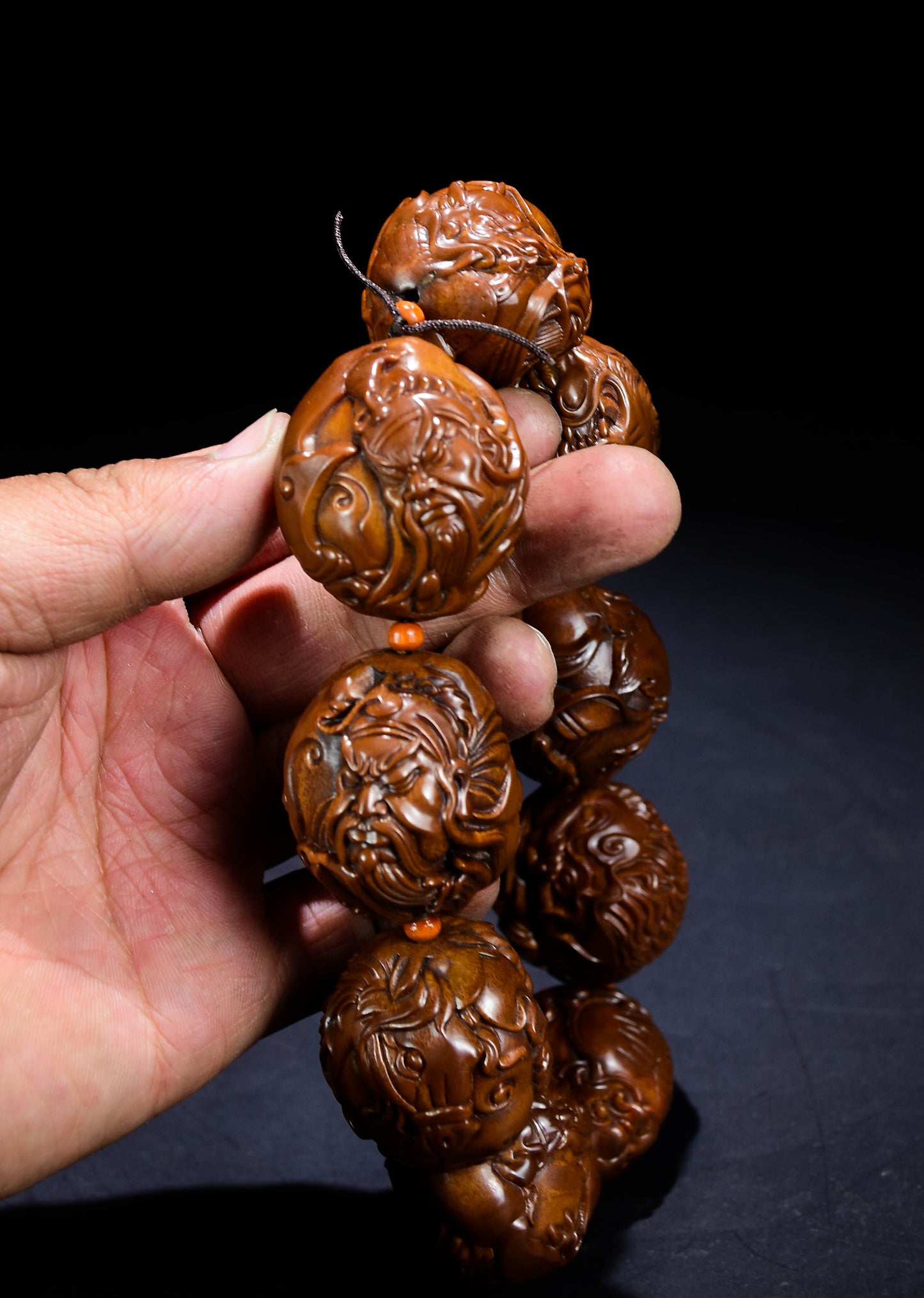 A0236 Old Chinese Olive Nut Carved Guangong Beads Bracelet