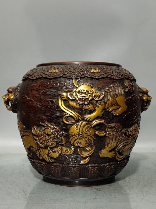 A0238 Vintage Chinese Gilt Gold Copper Low Relief Lion Design Double Ears Incense Burner