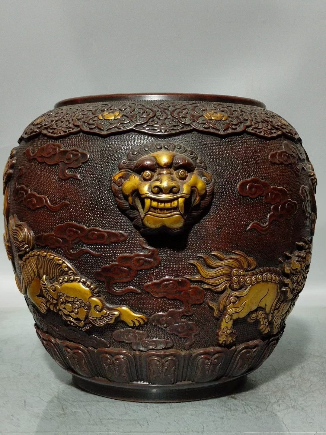 A0238 Vintage Chinese Gilt Gold Copper Low Relief Lion Design Double Ears Incense Burner