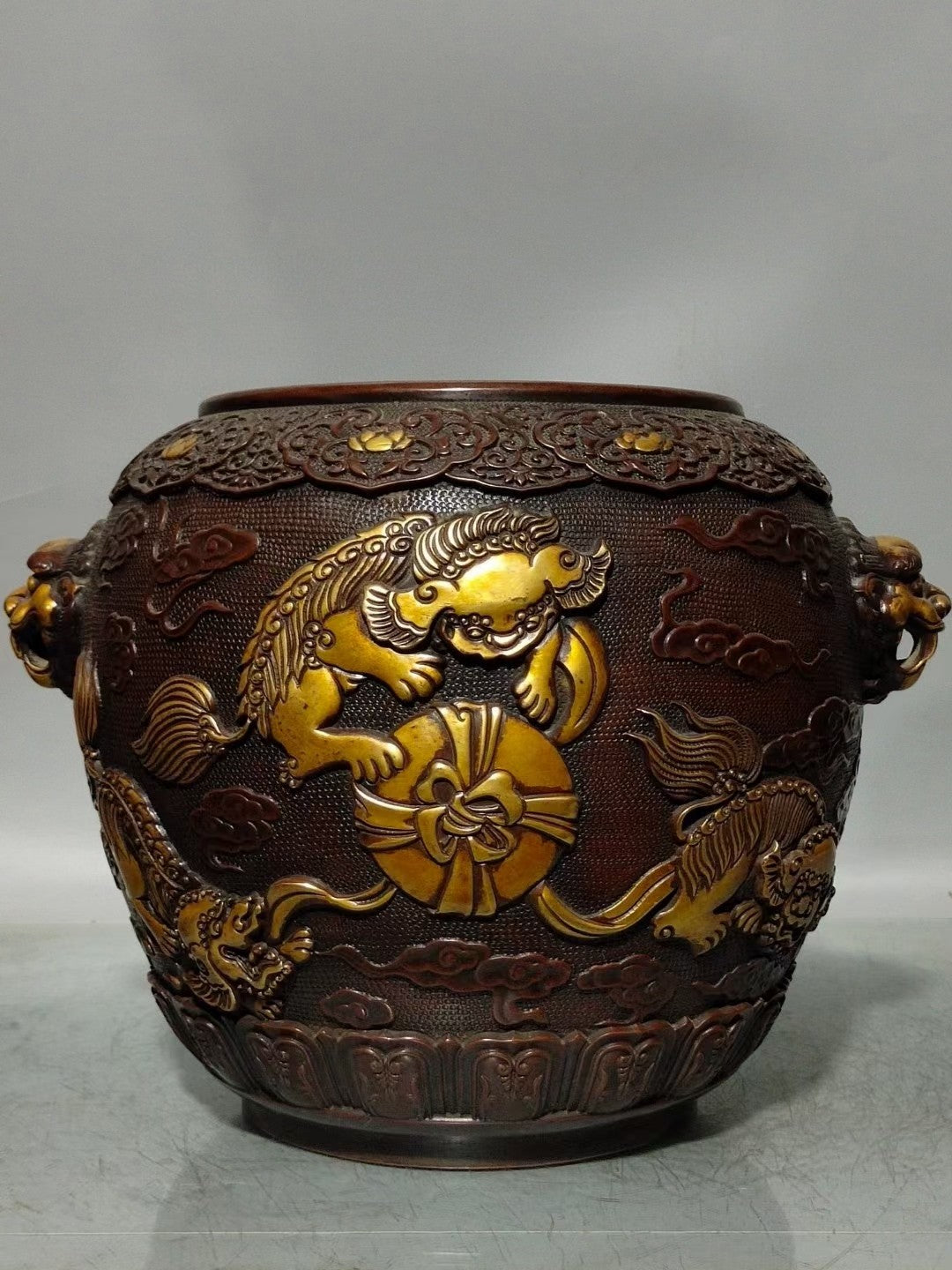 A0238 Vintage Chinese Gilt Gold Copper Low Relief Lion Design Double Ears Incense Burner