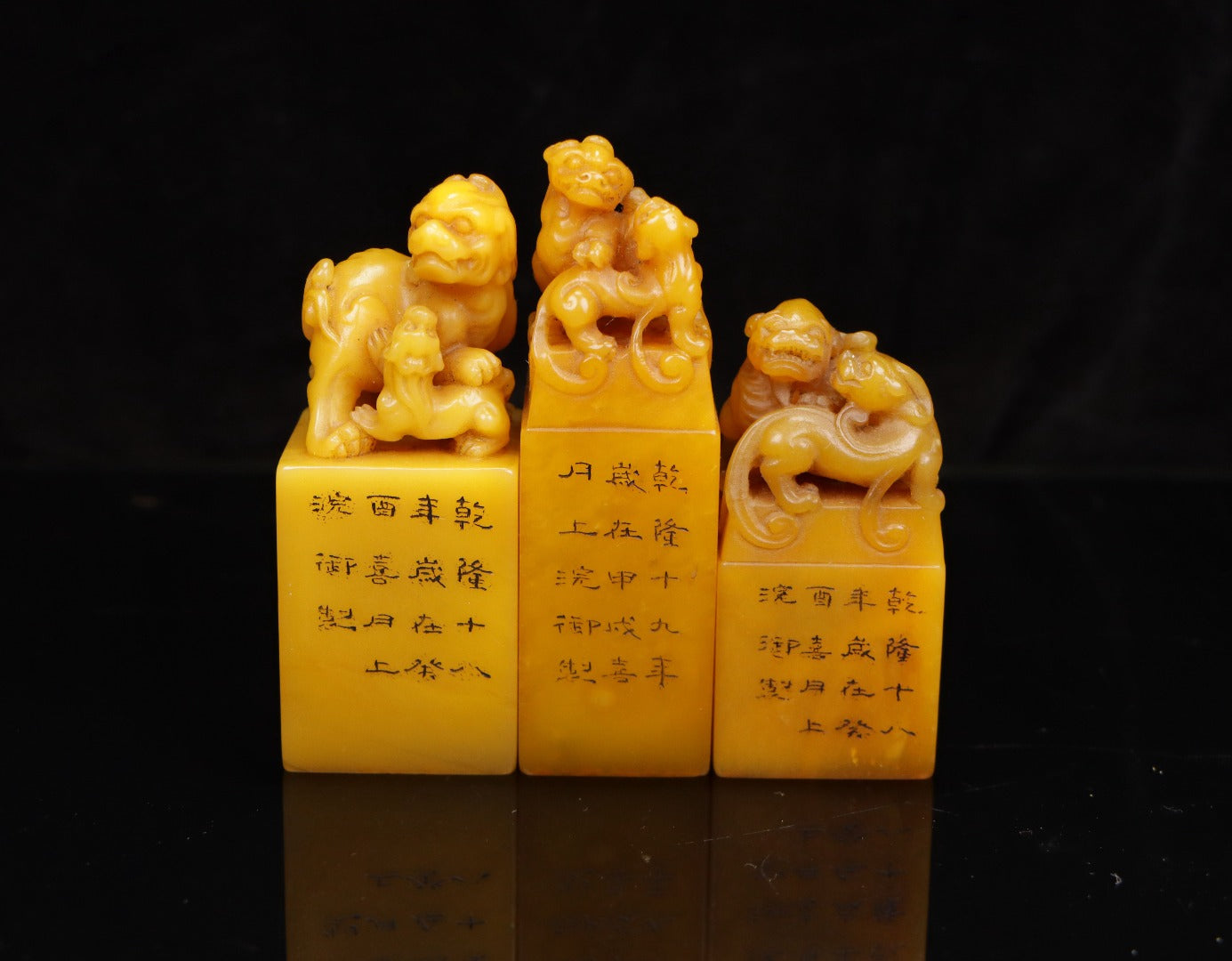 A0239 Three Old Chinese Shoushan Stone Tianhuang Stone Carved Beast Seal w Box