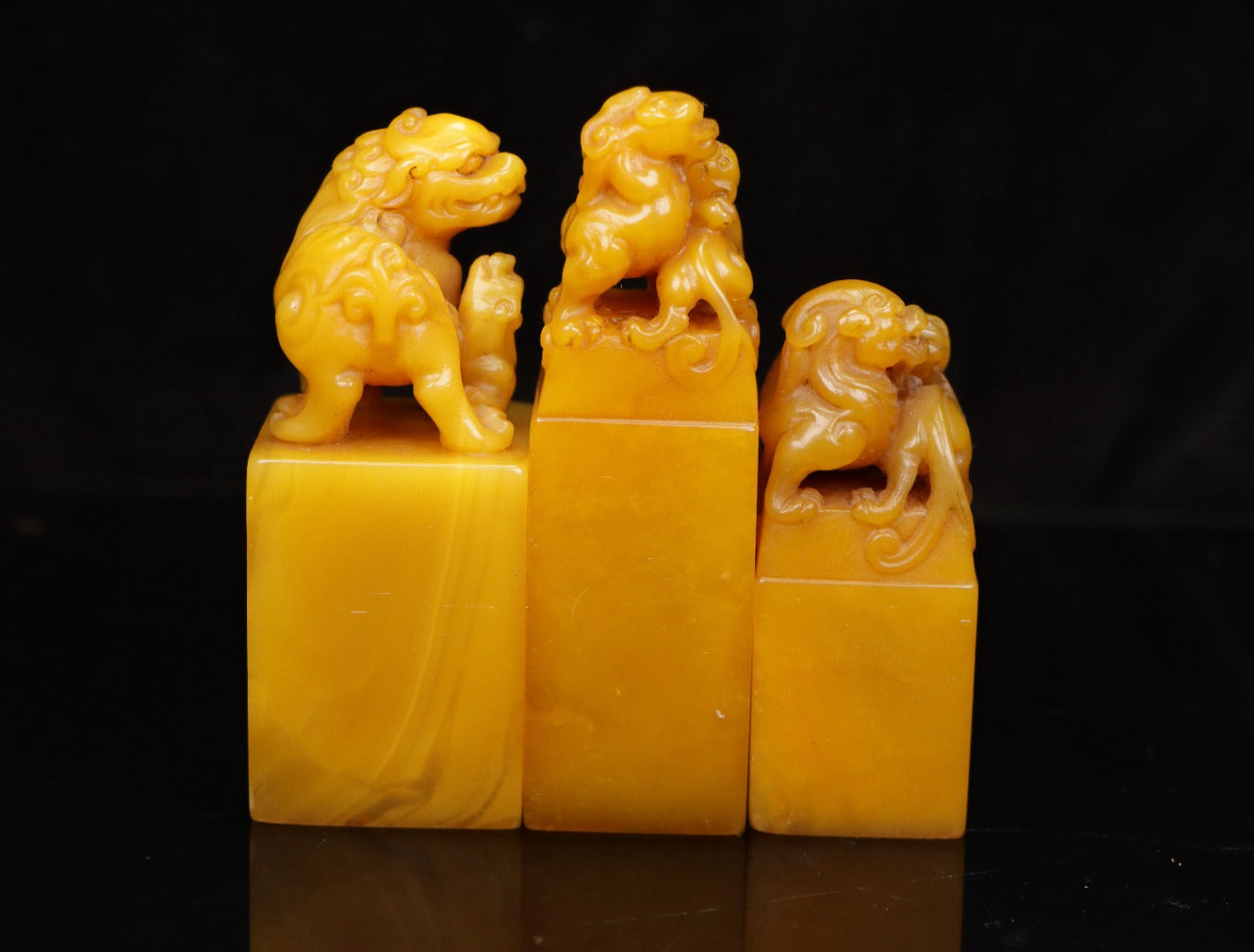 A0239 Three Old Chinese Shoushan Stone Tianhuang Stone Carved Beast Seal w Box