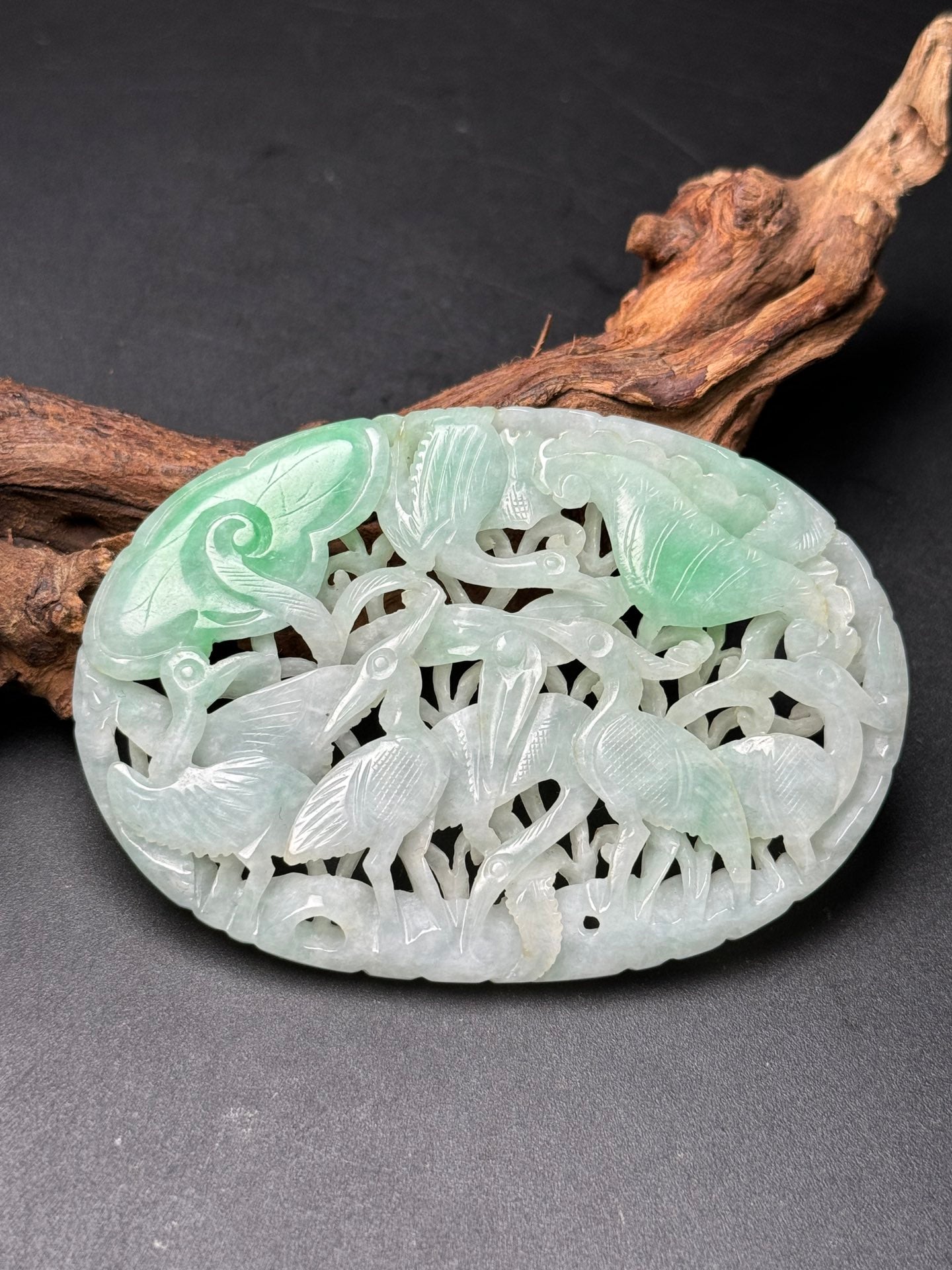 A0240 Openwork Green Jadeite Carved Crane & Lotus Leaf Pendant