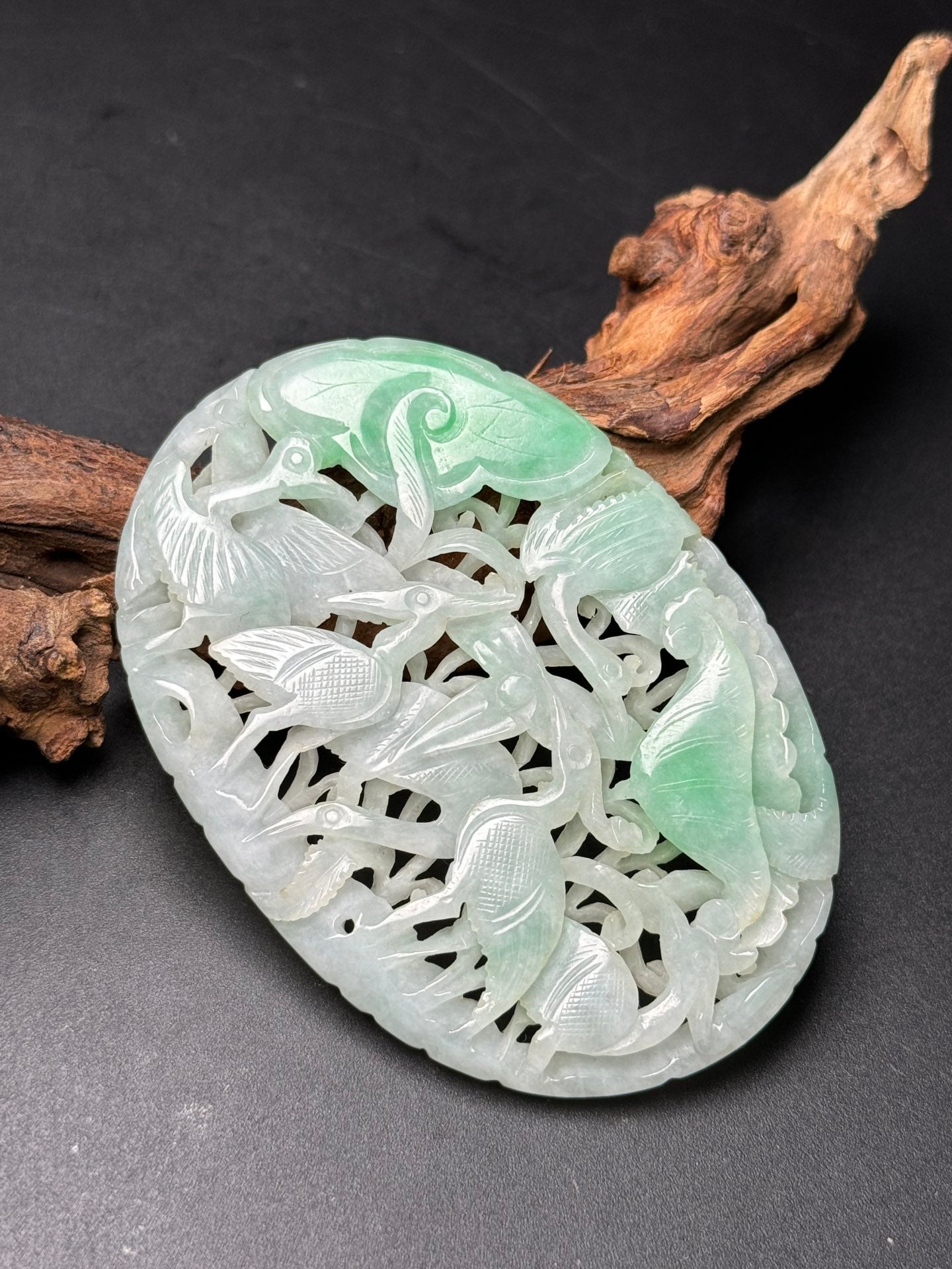 A0240 Openwork Green Jadeite Carved Crane & Lotus Leaf Pendant