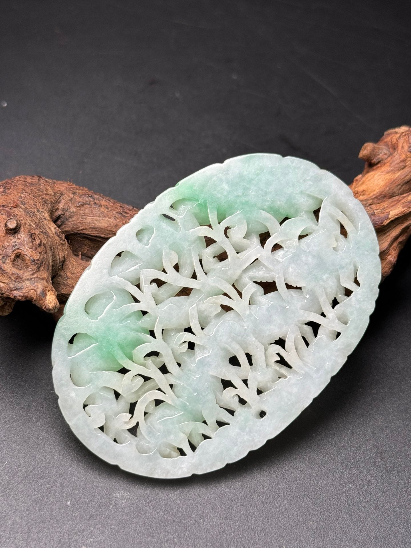 A0240 Openwork Green Jadeite Carved Crane & Lotus Leaf Pendant