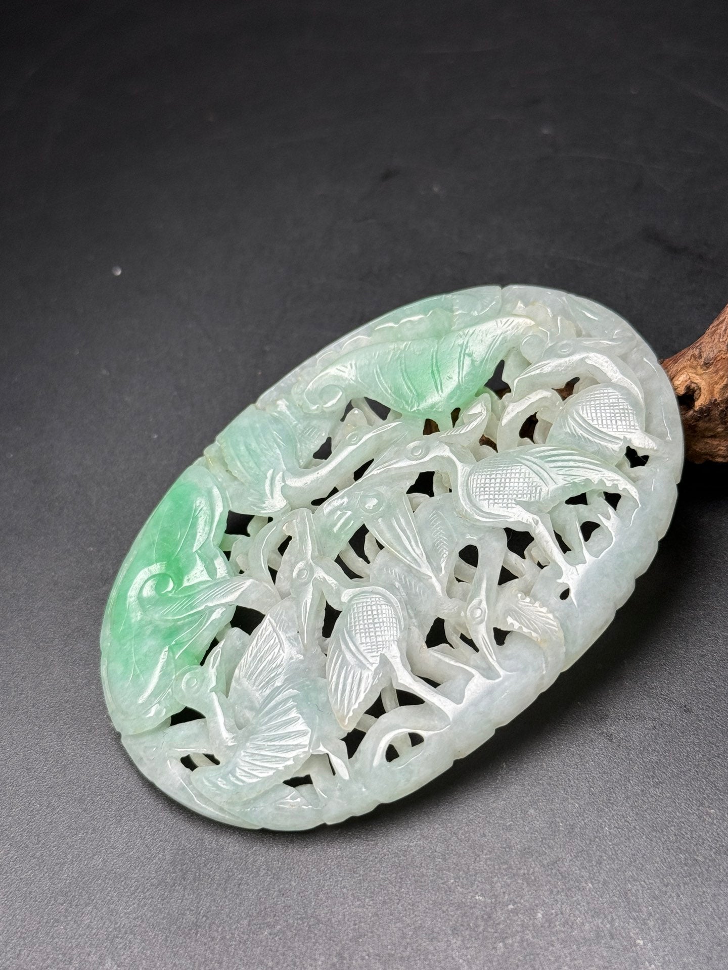 A0240 Openwork Green Jadeite Carved Crane & Lotus Leaf Pendant