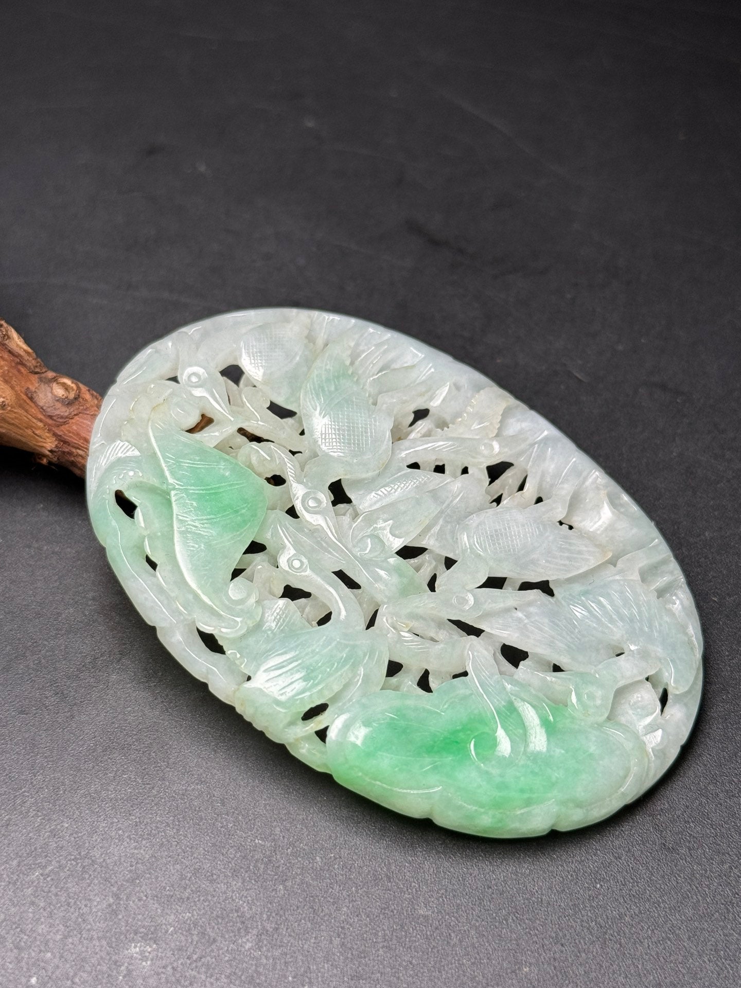 A0240 Openwork Green Jadeite Carved Crane & Lotus Leaf Pendant