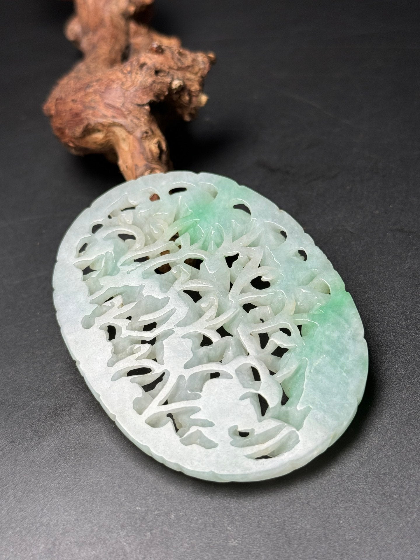 A0240 Openwork Green Jadeite Carved Crane & Lotus Leaf Pendant