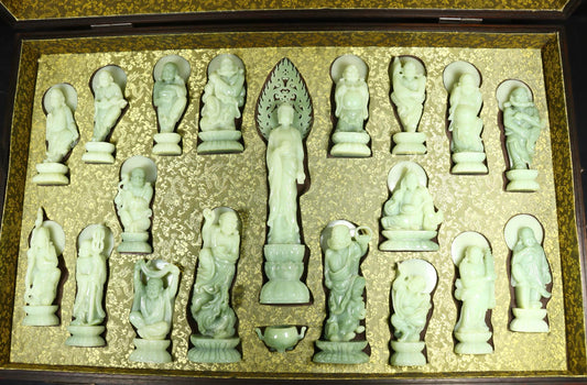 A0242 A Set Chinese Hetian Jade Carved Eighteen Arhat & Buddha Statue w Box