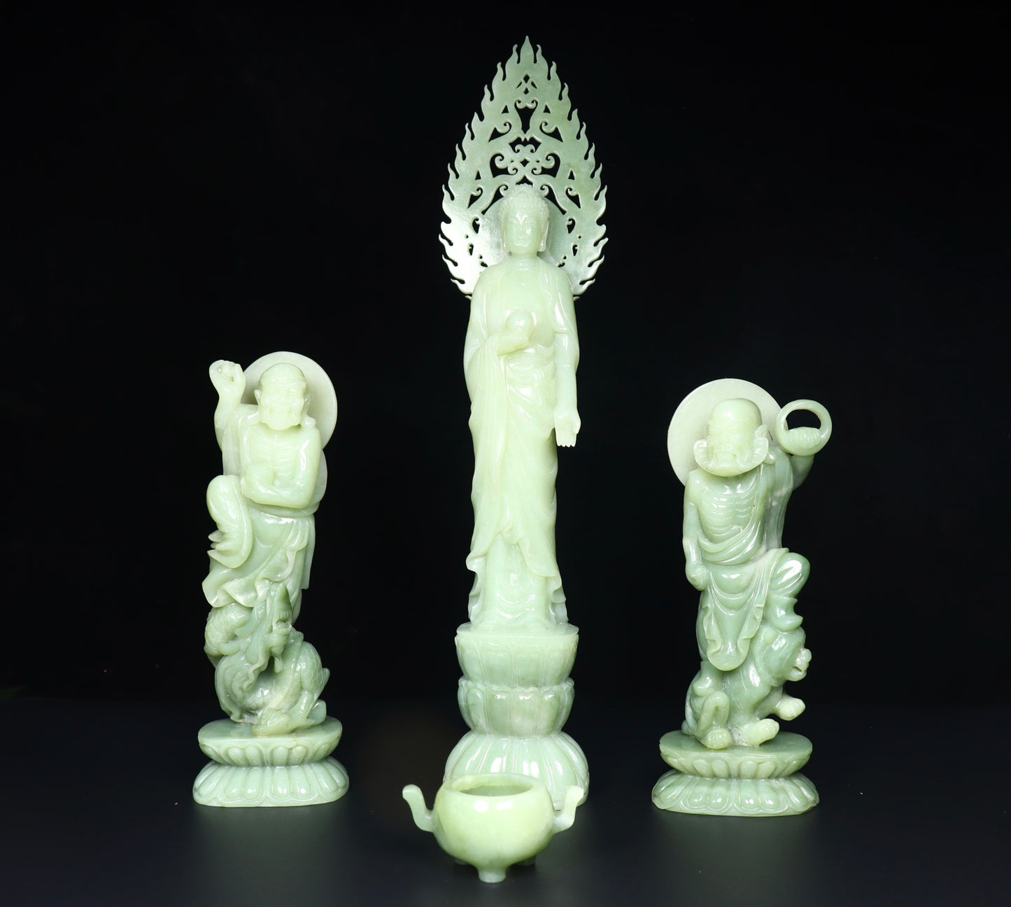 A0242 A Set Chinese Hetian Jade Carved Eighteen Arhat & Buddha Statue w Box