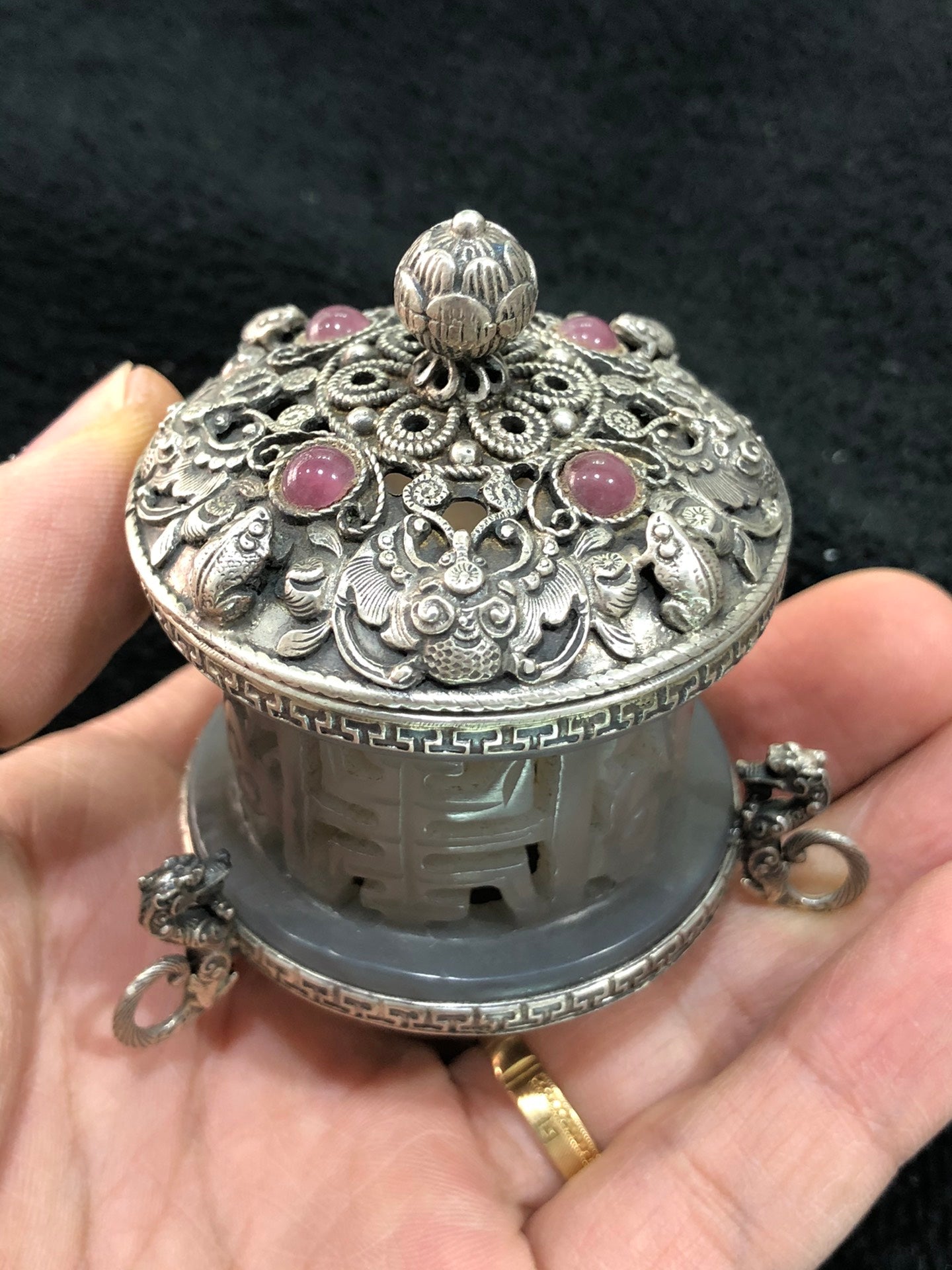 A0244 Openwork Chinese Pure Silver Inlay Hetian Jade & Gem Incense Burner