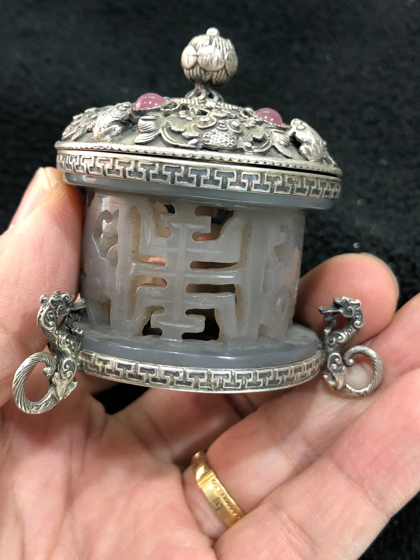 A0244 Openwork Chinese Pure Silver Inlay Hetian Jade & Gem Incense Burner