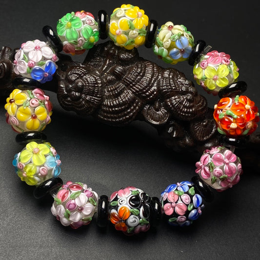 A0245 Old Chinese Peking Glass Flower Beads Bracelet